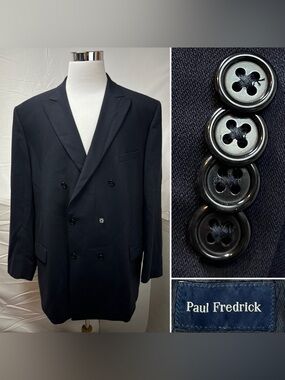 Paul Fredrick Men’s 52L Navy Wool Double Breasted Blazer Jacket Sport Coat
